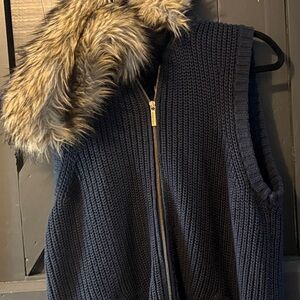 Michael Kors Navy Knit Vest with Faux Fur Hood